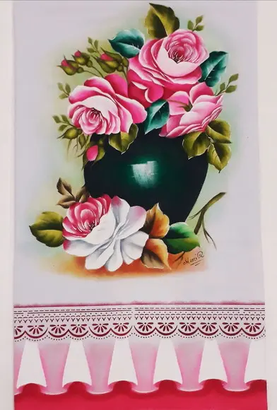Pano de copa ou Prato Pintado à Mão - Vaso com Rosas