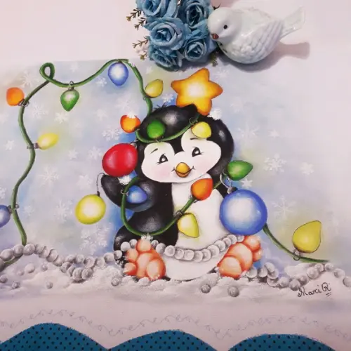 Pano de Copa ou Prato Pintado à Mão - Pinguim