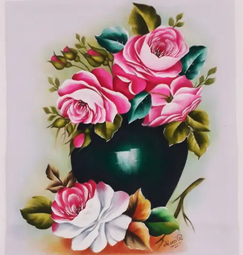 Pano de copa ou Prato Pintado à Mão - Vaso com Rosas