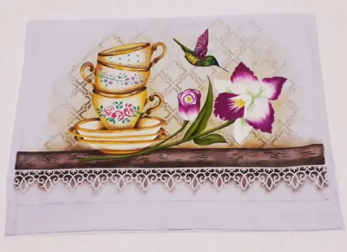 Pano de Copa ou Prato Pintado à Mão - Xícaras e Orquídea