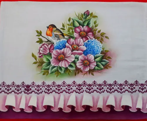 Pano de Copa Pintado à Mão - Rosas Silvestres e Hortências