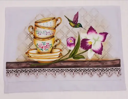 Pano de Copa ou Prato Pintado à Mão - Xícaras e Orquídea