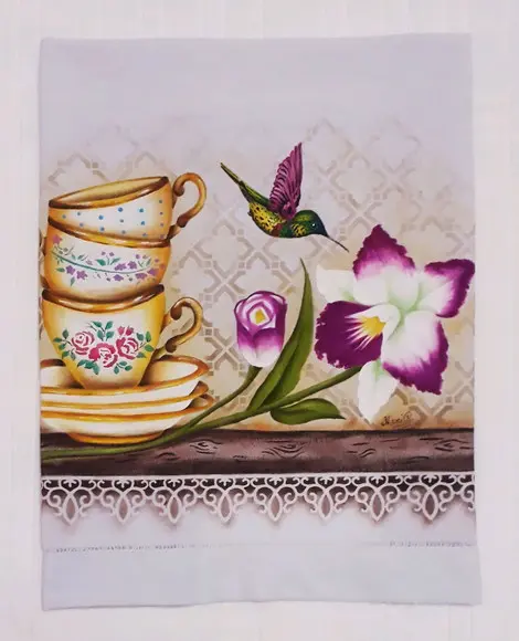 Pano de Copa ou Prato Pintado à Mão - Xícaras e Orquídea