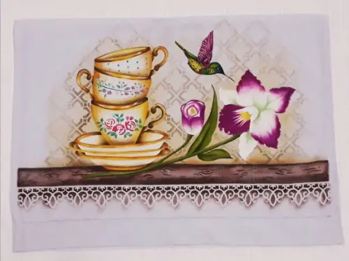 Pano de Copa ou Prato Pintado à Mão - Xícaras e Orquídea