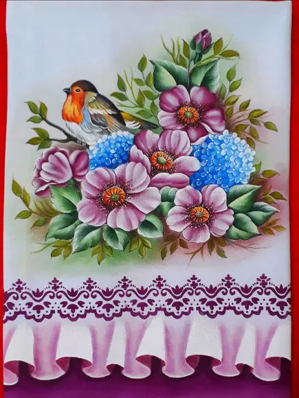 Pano de Copa Pintado à Mão - Rosas Silvestres e Hortências