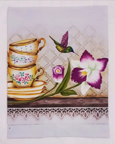 Pano de Copa ou Prato Pintado à Mão - Xícaras e Orquídea