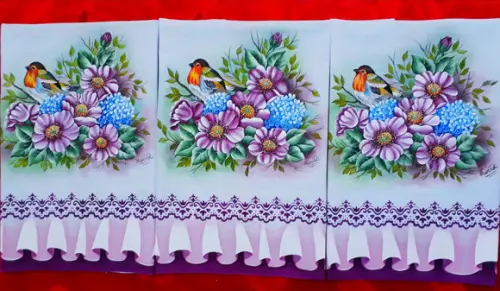 Pano de Copa Pintado à Mão - Rosas Silvestres e Hortências