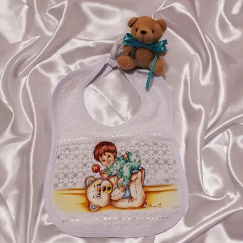 Babador Pintado à Mão-Menino e Ursinho