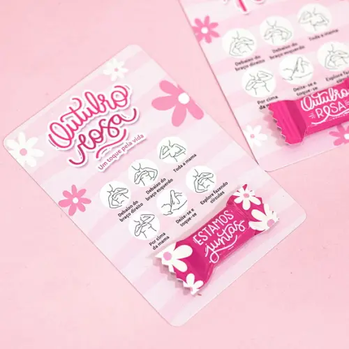 Cartão e Balinha Outubro Rosa com Autoexame Preventivo