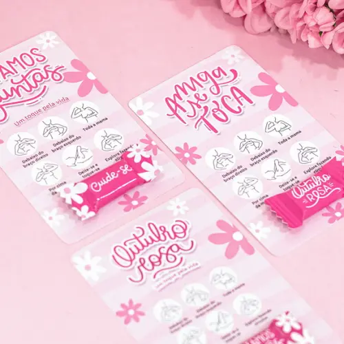 Cartão e Balinha Outubro Rosa com Autoexame Preventivo