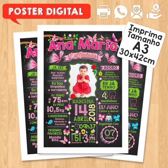 Arte Digital Chalkboard Aniversário 30x42 Jardim Borboletas