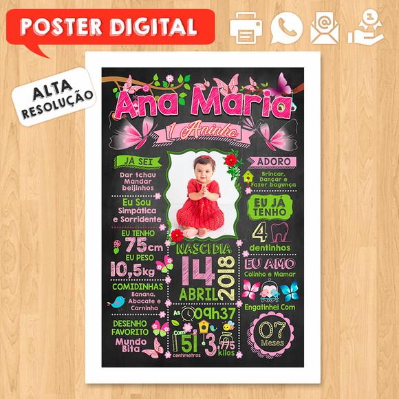 Arte Digital Chalkboard Aniversário 30x42 Jardim Borboletas