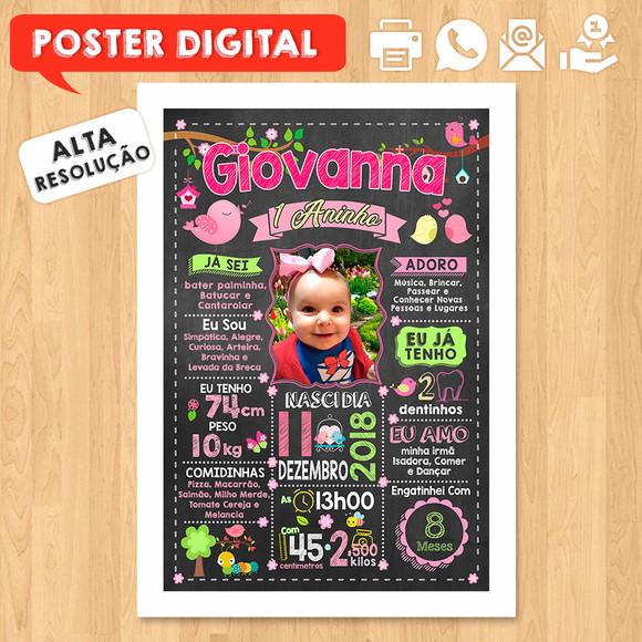 Arte Digital Chalkboard Aniversário 30x42cm Jardim Pássaros