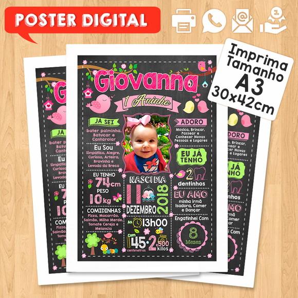 Arte Digital Chalkboard Aniversário 30x42cm Jardim Pássaros