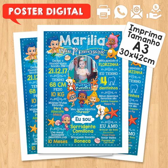 Arte Digital Chalkboard Aniversário A3 30x42 Bubble Guppies