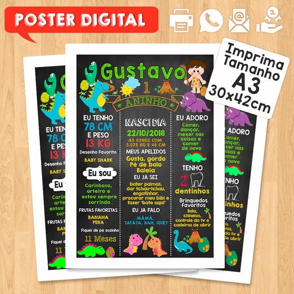 Arte Digital Chalkboard Aniversário A3 30x42cm Dinossauros