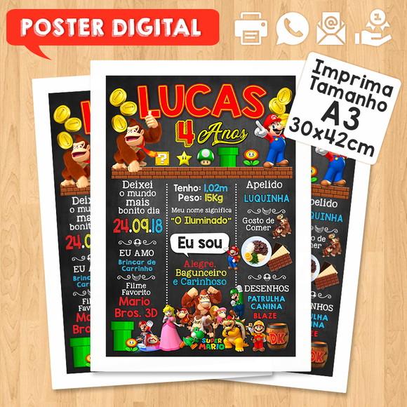 Arte Digital Chalkboard Aniversário A3 30x42cm Super Mário