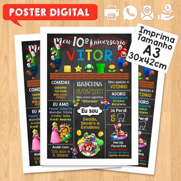 Arte Digital Chalkboard Aniversário A3 30x42cm Super Mário