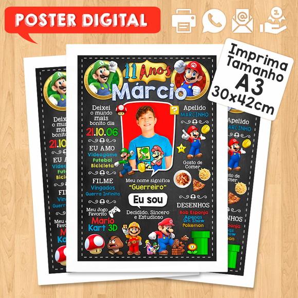 Arte Digital Chalkboard Aniversário A3 30x42cm Super Mário