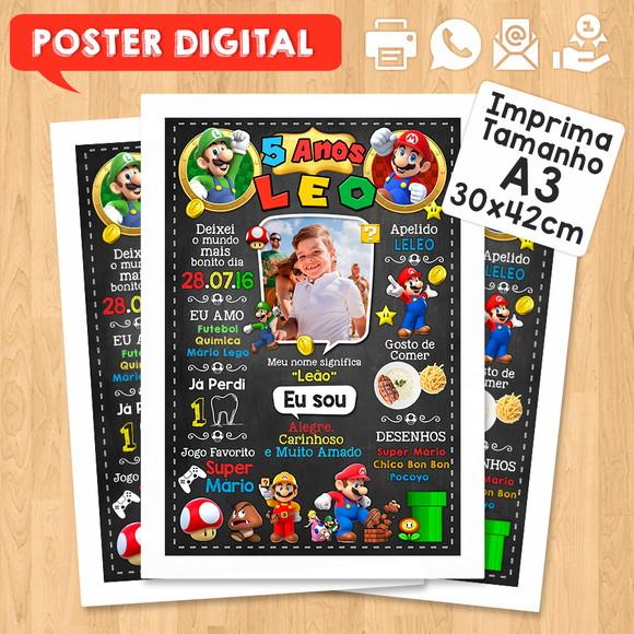 Arte Digital Chalkboard Aniversário A3 30x42cm Super Mário