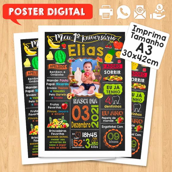 Arte Digital Chalkboard Aniversário A3 30x42cm Tema Frutas