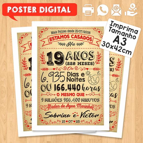 Arte Digital Chalkboard Bodas Agua Marinha 19 Anos 30x42cm