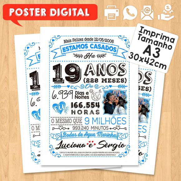 Arte Digital Chalkboard Bodas Agua Marinha 19 Anos 30x42cm