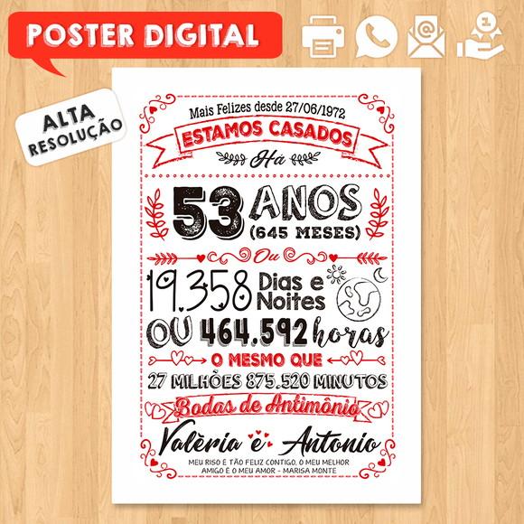 Arte Digital Chalkboard Bodas Antimônio 53 Anos A3 30x42cm