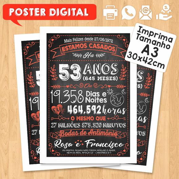 Arte Digital Chalkboard Bodas Antimônio 53 Anos A3 30x42cm