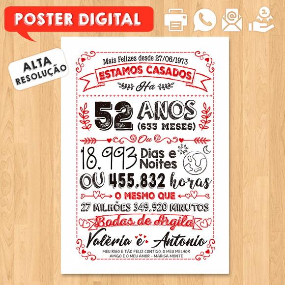 Arte Digital Chalkboard Bodas Argila 52 Anos A3 30x42cm