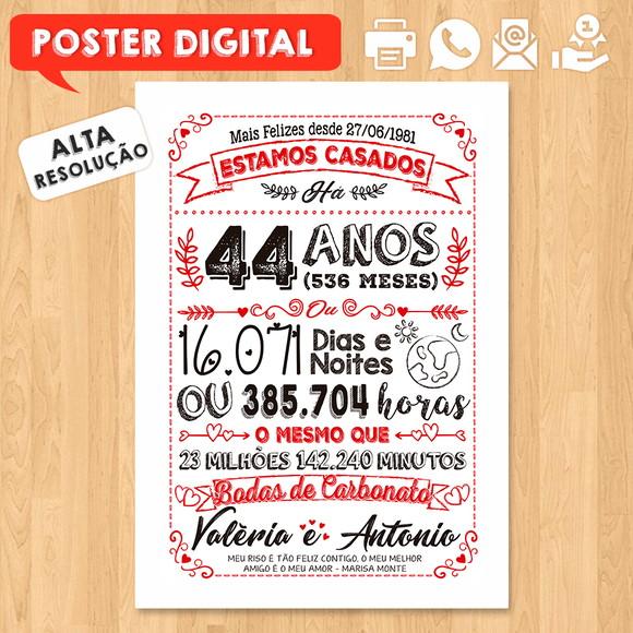 Arte Digital Chalkboard Bodas Carbonato 44 Anos A3 30x42cm