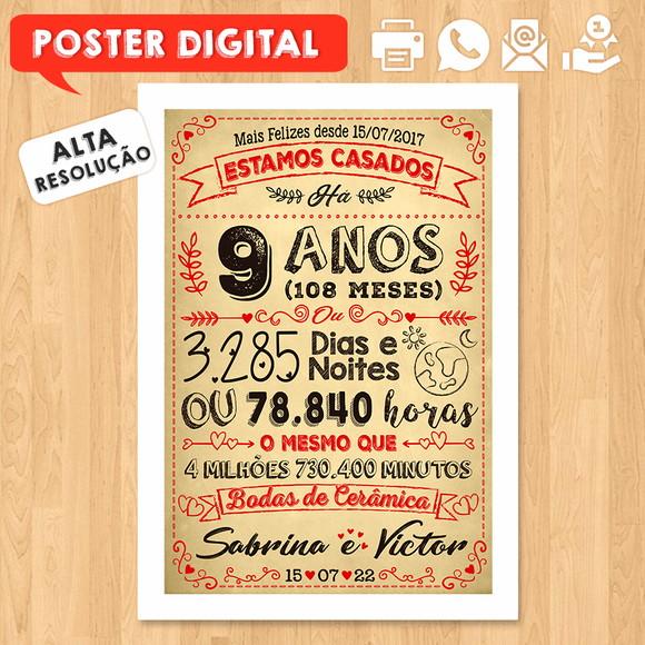 Arte Digital Chalkboard Bodas Cerâmica 09 Anos A3 30x42cm
