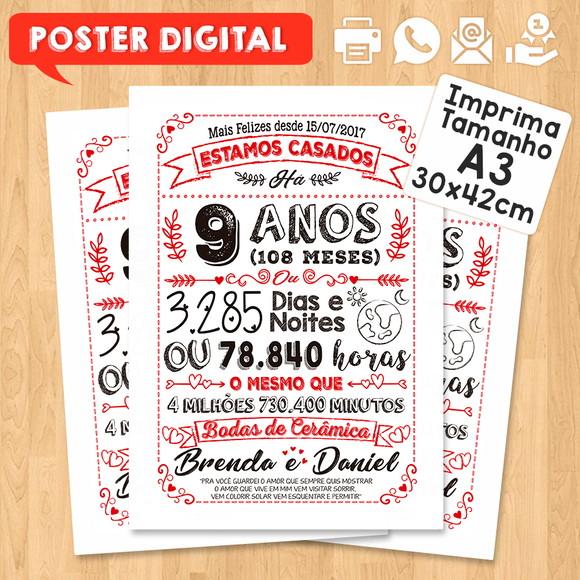 Arte Digital Chalkboard Bodas Cerâmica 09 Anos A3 30x42cm