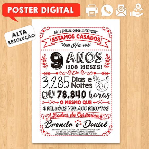Arte Digital Chalkboard Bodas Cerâmica 09 Anos A3 30x42cm