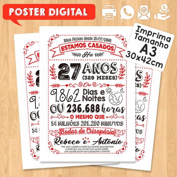 Arte Digital Chalkboard Bodas Crisopásio 27 Anos A3 30x42cm