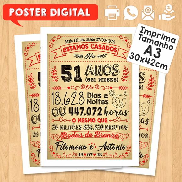 Arte Digital Chalkboard Bodas de Bronze 51 Anos A3 30x42cm