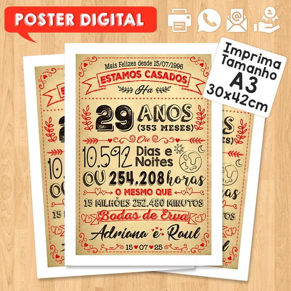 Arte Digital Chalkboard Bodas Erva 29 Anos A3 30x42cm