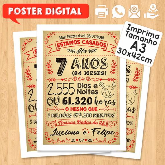 Arte Digital Chalkboard Bodas Lã 07 Anos A3 30x42cm