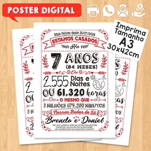 Arte Digital Chalkboard Bodas Lã 07 Anos A3 30x42cm
