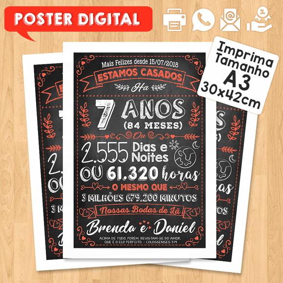 Arte Digital Chalkboard Bodas Lã 07 Anos A3 30x42cm