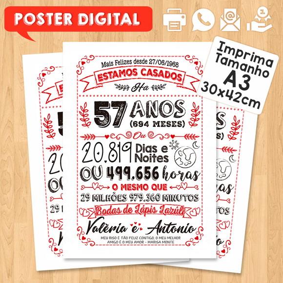 Arte Digital Chalkboard Bodas Lápis Lazuli 57 Anos 30x42cm