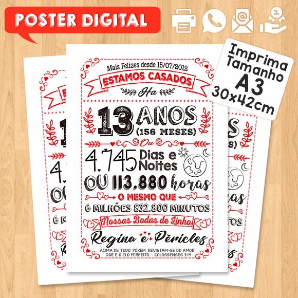 Arte Digital Chalkboard Bodas Linho 13 Anos A3 30x42cm