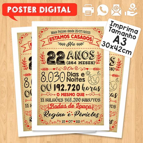 Arte Digital Chalkboard Bodas Louça 22 Anos A3 30x42cm