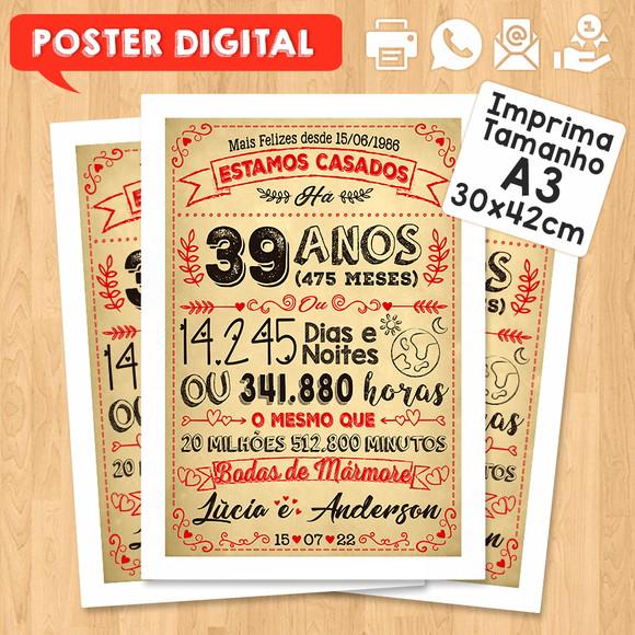 Arte Digital Chalkboard Bodas Mármore 39 Anos A3 30x42cm
