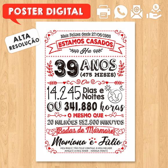 Arte Digital Chalkboard Bodas Mármore 39 Anos A3 30x42cm