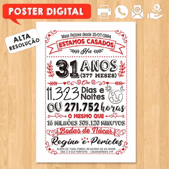 Arte Digital Chalkboard Bodas Nácar 31 Anos A3 30x42cm