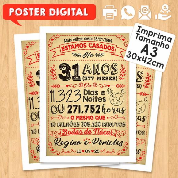 Arte Digital Chalkboard Bodas Nácar 31 Anos A3 30x42cm
