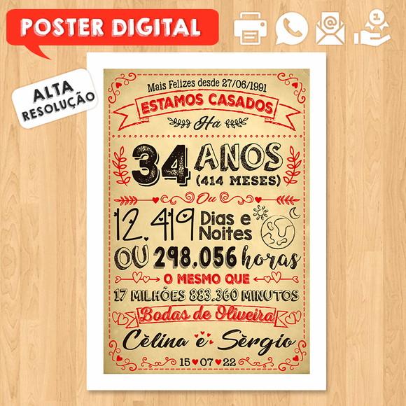 Arte Digital Chalkboard Bodas Oliveira 34 Anos A3 30x42cm