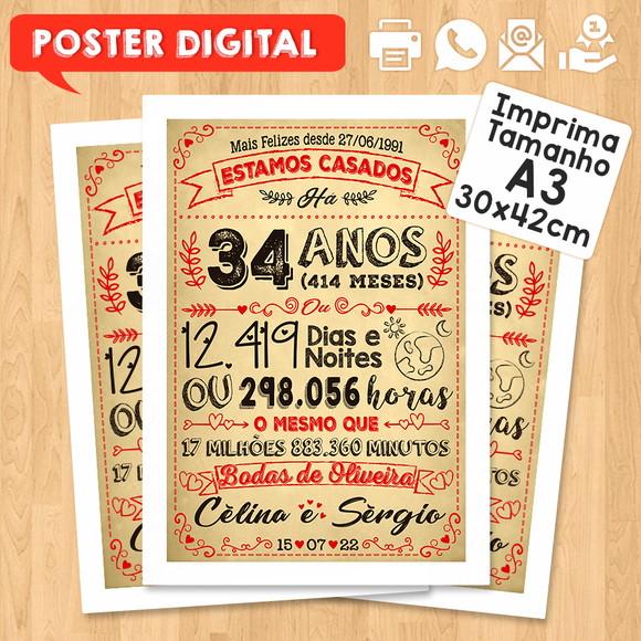 Arte Digital Chalkboard Bodas Oliveira 34 Anos A3 30x42cm