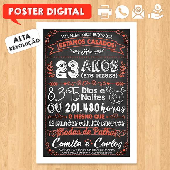 Arte Digital Chalkboard Bodas Palha 23 Anos A3 30x42cm